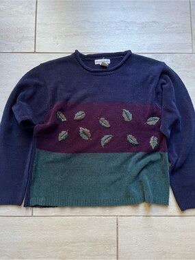 dressbarn Navy, Burgundy & Green Leaf-Embroidered Crewneck Sweater XL